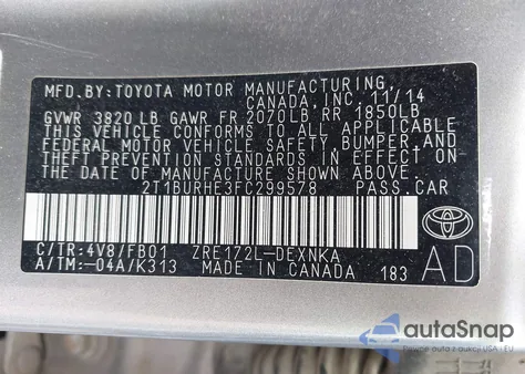 2015 Toyota Corolla Le из США, поврежденный, VIN 2T1BURHE3FC299578